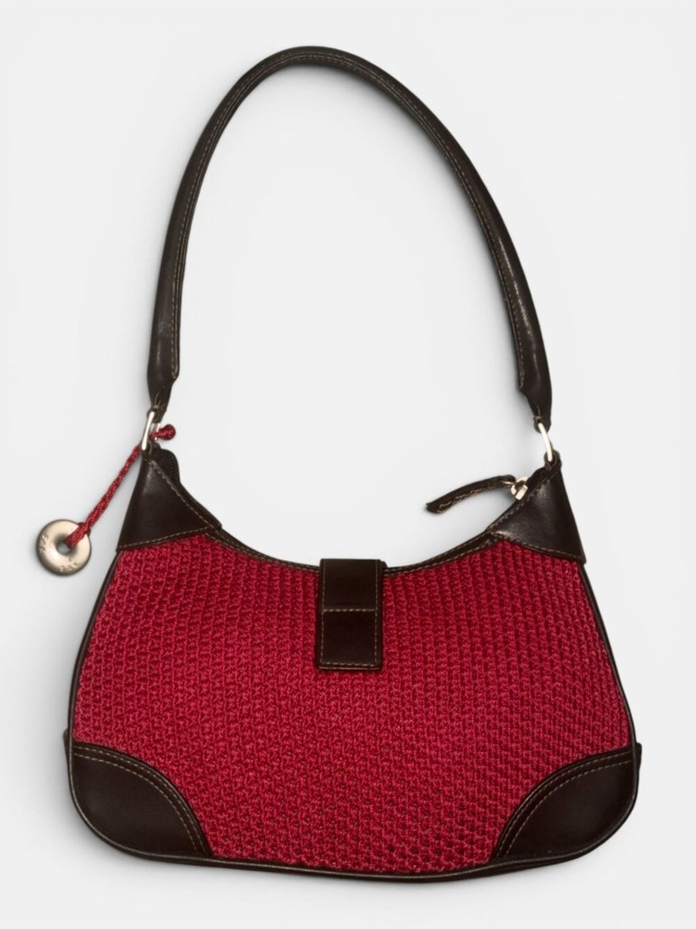 VTG The Sak Small Hobo Red Tightweave Crochet Brown Trim Shoulder Bag Y2K Charm - Picture 4 of 8